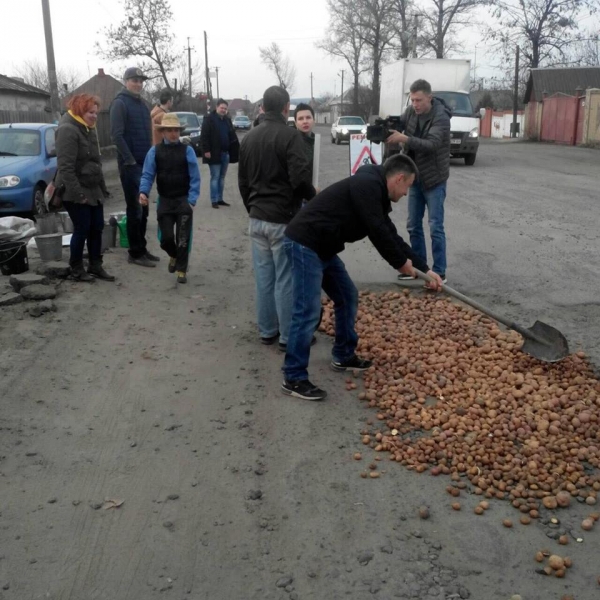 Картошка вместо асфальта заполнила дорожные ямы подле Харькова