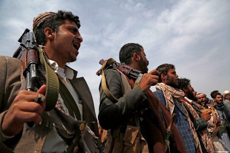 SANA'A, YEMEN - JULY 08: Tribesmen loyal to the Houthi group chant slogans during an armed tribal gathering on July 08, 2020 on the outskirts of Sana'a, Yemen. Yemen, one of the Arab world's poorest countries, has been devastated by war since 2015, when the Saudi-led coalition intervened militarily against the Houthi group who seized most of Yemen's northern lands including the capital Sana'a and forced the Internationally Recognized government of the president Abd Rabbu Mansour Hadi into exile. The situation in Yemen has become one of the world's worst humanitarian crises after the five-year war and blockade where two-thirds of the country's 28-million population is at risk of starvation. (Photo by Mohammed Hamoud/Getty Images)