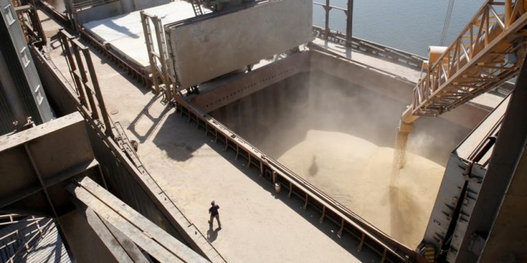 A dockyard worker watches as barley grain is mechanically poured into a 40,000 ton ship at an Ukrainian agricultural exporter's shipment terminal in the southern Ukrainian city of Nikolaev July 9, 2013. Prices for wheat supplies with 12.5 percent protein content were unchanged at $252 per tonne in the Black Sea on a free-on-board (FOB) basis last week, according to IKAR on July 29. Prices in shallow-water ports rose $1 to $222 per tonne. Picture taken July 9, 2013.  REUTERS/Vincent Mundy