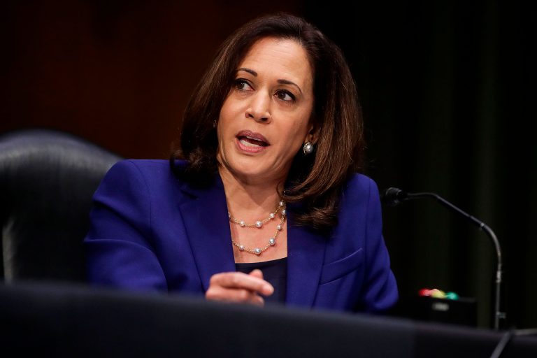 US Senator Kamala Harris speaks during a Senate Judiciary Committee hearing to examine issues involving race and policing practices in the aftermath of the death in Minneapolis police custody of George Floyd and the civil unrest that followed, on Capitol Hill in Washington, DC, on June 16, 2020. (Photo by JONATHAN ERNST / POOL / AFP) (Photo by JONATHAN ERNST/POOL/AFP via Getty Images)