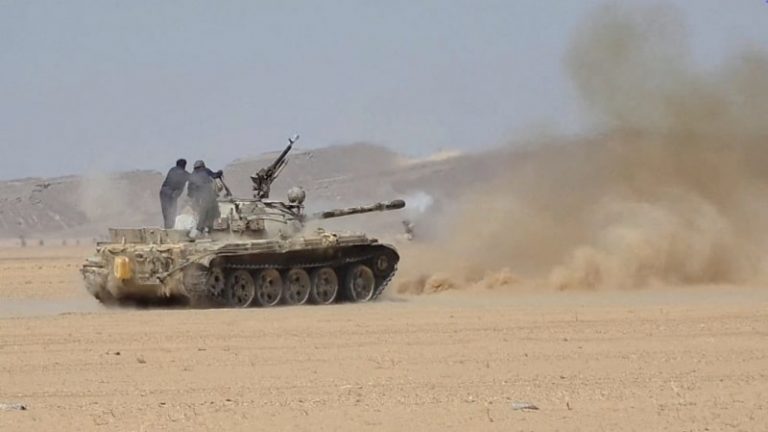 Members of the Saudi-backed Yemeni government forces fire a tank during what they say to be clashes with Yemen's Iran-aligned Houthis in a location given as near Al-Hazm, Yemen, in this screen grab obtained from a handout video released September 9, 2026. Media Centre Of The Yemeni Armed Forces/Handout via REUTERS